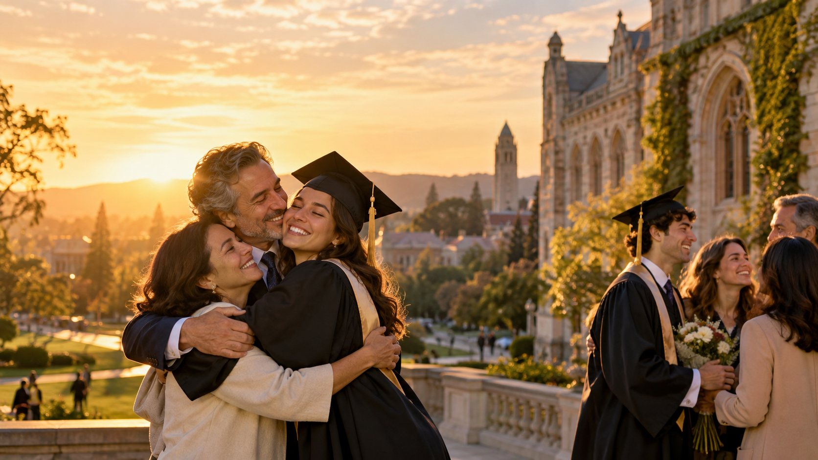 Una graduada abrazando a su familia en el campus